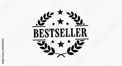 Bestseller Badge with Laurel Wreath and Stars, Monochrome Achievement Emblem in Bright Studio