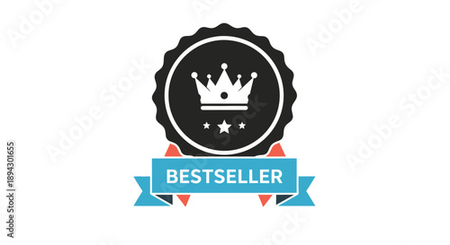 Bestseller Award Badge with Blue Ribbon, Crown and Stars, Premium Recognition Emblem on Isolated White Background