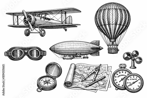 Vintage aviation and exploration tools: biplane, hot air balloon, airship, compass, map