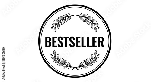 Bestseller Circle Badge with Laurel Wreath, Certified Product Emblem on Isolated White Background