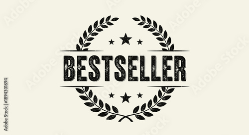 Bestseller Badge with Laurel Wreath and Stars, Monochrome Achievement Emblem in Bright Studio