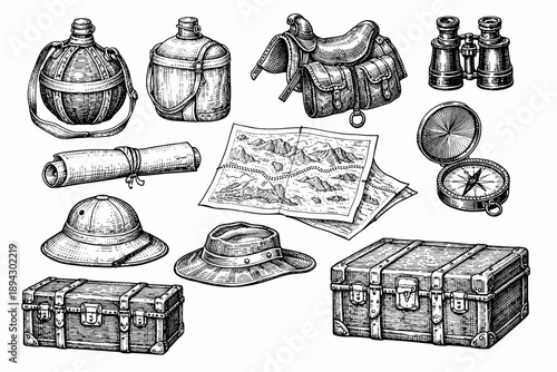 Vintage adventure gear collection with map, compass, and binoculars