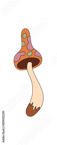 Groovy psychedelic mushroom sticker in retro cartoon graphic style. Magic shroom as a groovy element with trippy and colorful y2k vibe. Playful art for fantasy illustration and vintage projects.