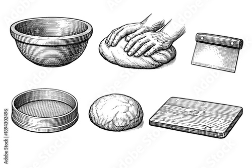 Hand kneading dough with baking tools in black and white illustrative style