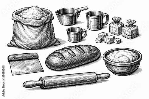 Vintage bread baking tools and ingredients illustration