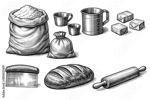 Vintage baking ingredients and tools: flour, bread, rolling pin, and measuring cups