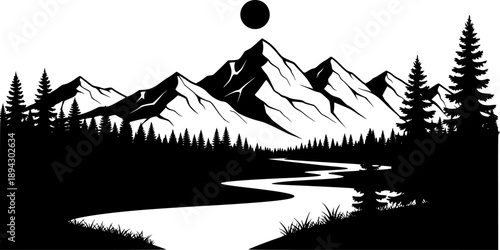 Scenic mountain and forest line art featuring evergreen trees and peaceful river for natural horizon landscape – Black Vector Illustration