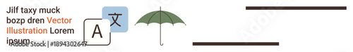 Language learning, multilingual tools, translation services, weather safety, minimalistic icons, creative layouts. Symbols, including text placeholders language translation icon umbrella. Language