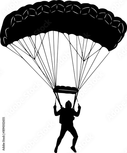 Skydiving silhouette featuring skydiver with open parachute canopy for extreme sport and adventure descent – Black and White Vector Illustration