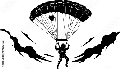 Skydiving silhouette featuring skydiver with open parachute canopy for extreme sport and adventure descent – Black and White Vector Illustration