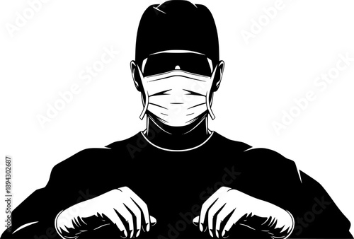 Surgeon silhouette with surgical mask and gloves for hospital operation and medical healthcare expertise – Black and White Vector Illustration