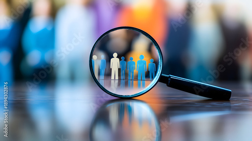 Magnifying glass focuses on group of diverse figures, symbolizing recruitment and selection. background is blurred, highlighting concept of choosing right candidate