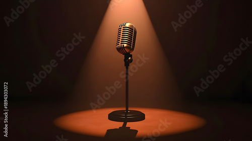 Vintage microphone stands under warm spotlight on stage, creating nostalgic and inviting atmosphere perfect for comedy night or musical performance