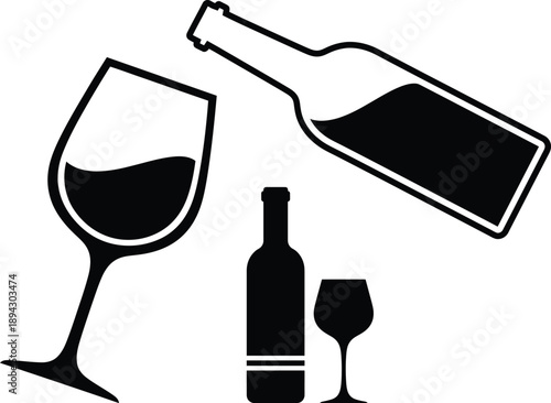 Wine and glasses icon set in black silhouette on white background