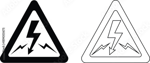 Warning signs of high voltage electricity with lightning bolts in triangle shapes