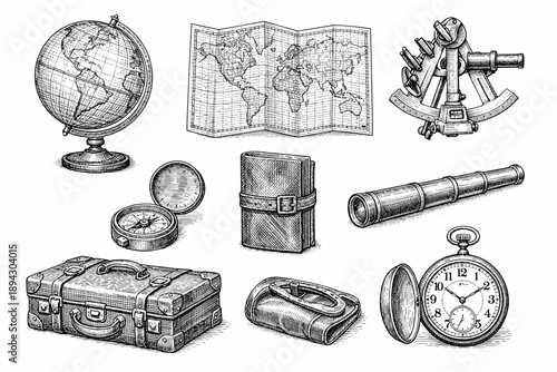 Vintage navigation tools: globe, sextant, map, telescope, compass, pocket watch