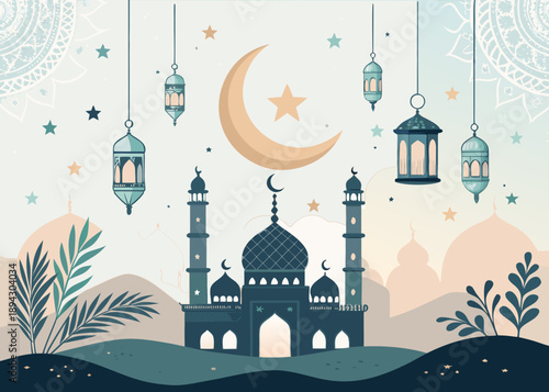 Flat illustration of Ramadan celebration featuring a mosque, crescent moon, and lanterns, evoking Islamic culture and festive traditions