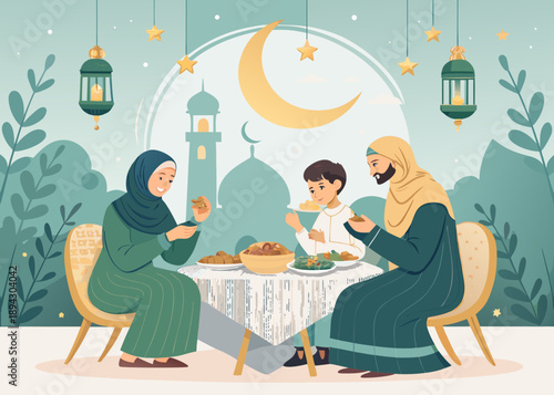 A heartwarming flat illustration capturing an Islamic family's peaceful Iftar celebration during Ramadan, featuring traditional festive elements and a serene mosque backdrop
