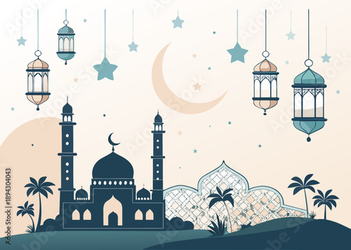 Flat illustration of a serene Islamic celebration, featuring a majestic mosque silhouette, glowing crescent moon, and elegant lanterns under a starry night sky, ideal for cultural festivities