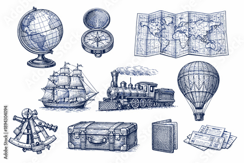 Vintage travel icons: globe, compass, map, ship, train, balloon, sextant, suitcase, passport, tickets
