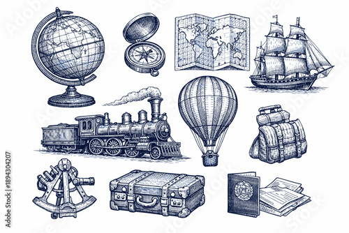 Vintage exploration objects: globe, compass, map, ship, train, hot air balloon, backpack, sextant