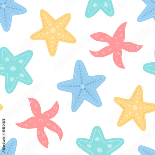 Seamless underwater starfish pattern in flat cartoon graphic style. Marine aquatic shapes and starfish create an ocean background. Perfect for sea decor and summer designs.
