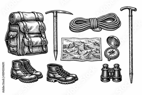 Vintage mountaineering gear illustration with compass, map, boots, and backpack