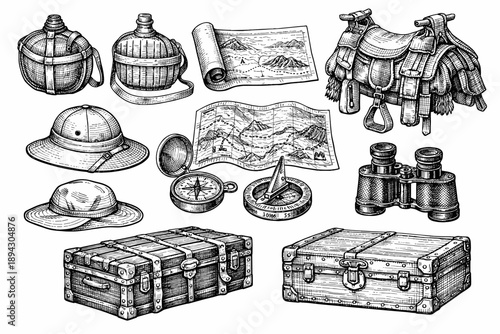 Vintage adventure gear collection: explorers' essentials and cartography tools