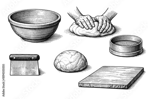 Vintage baking tools and hands kneading dough in detailed sketch