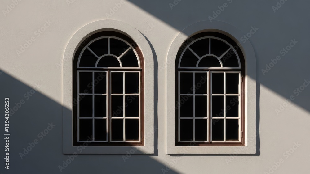 Fototapeta premium Two arched windows with ornate dividers, casting shadows on a pale exterior wall