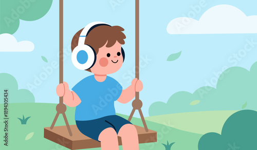 An illustration depicting a child swinging on a swing amidst greenery, wearing headphones. The scene conveys the diversity of special children with autism.