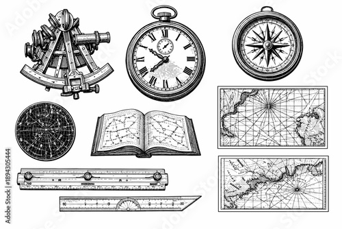 Vintage navigation tools: sextant, compass, maps, and astronomical chart illustrations
