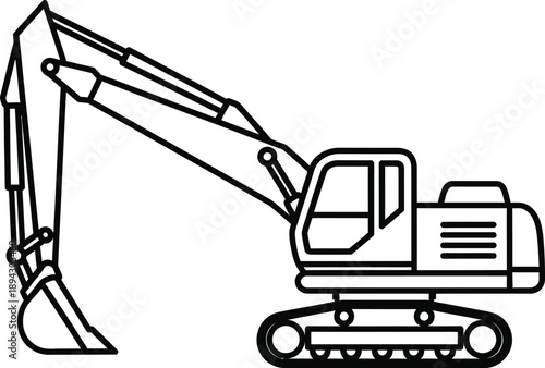 A black and white line drawing of an excavator machine with a long arm and bucket