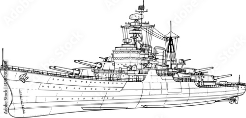 Military battleship silhouette with naval cannons and radar mast for maritime combat and defense – Black and White Vector Illustration
