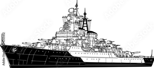 Military battleship silhouette with naval cannons and radar mast for maritime combat and defense – Black and White Vector Illustration