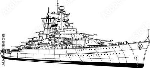 Military battleship silhouette with naval cannons and radar mast for maritime combat and defense – Black and White Vector Illustration