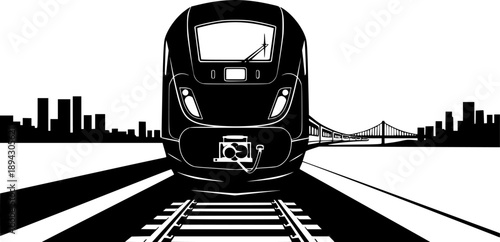 Train front locomotive silhouette with railway engine for urban transit and modern transportation journey – Black and White Vector Illustration