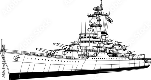 Military battleship silhouette with naval cannons and radar mast for maritime combat and defense – Black and White Vector Illustration