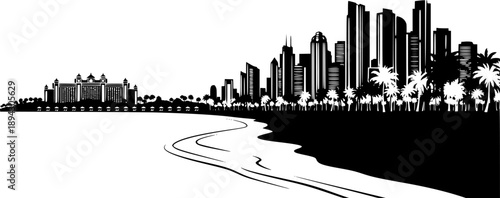 Tropical beach skyline silhouette with city skyscrapers palm trees and coastal vacation resort – Black and White Vector Illustration
