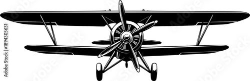 Vintage biplane silhouette with front view propeller and double wing structure for retro aviation and classic flight – Black and White Vector Illustration