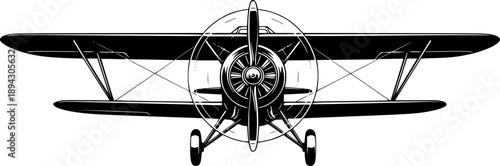 Vintage biplane silhouette with front view propeller and double wing structure for retro aviation and classic flight – Black and White Vector Illustration