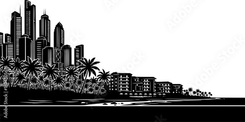 Tropical beach skyline silhouette with city skyscrapers palm trees and coastal vacation resort – Black and White Vector Illustration