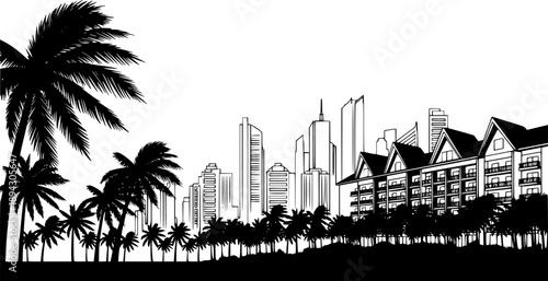 Tropical beach skyline silhouette with city skyscrapers palm trees and coastal vacation resort – Black and White Vector Illustration