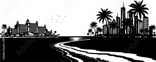 Tropical beach skyline silhouette with city skyscrapers palm trees and coastal vacation resort – Black and White Vector Illustration