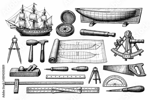 Vintage nautical tools and shipbuilding equipment illustration