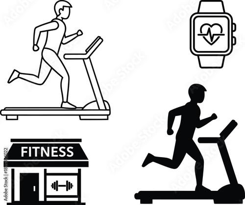 Fitness and exercise icons featuring treadmill running and heart rate monitoring
