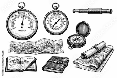 Vintage exploration tools - compass, altimeter, barometer, maps, telescope, notebook, adventure