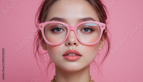 Stunning young woman with pink glasses and bold makeup looks directly at camera