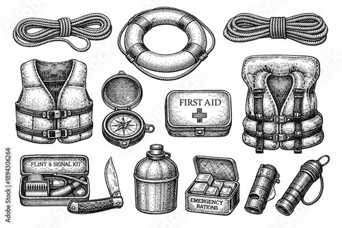 Hand-drawn nautical and survival gear collection with vest, lifebuoy, compass