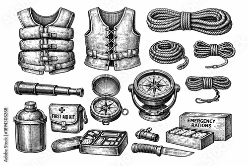 Vintage nautical tools and gear: compass, binoculars, first aid kit, rations, knife, life vests, rope